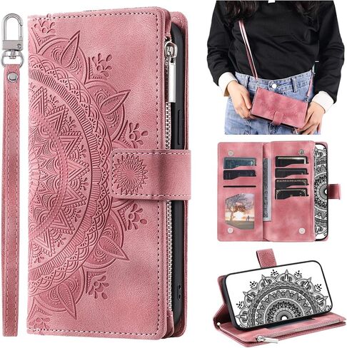 Crossbody Wallet Case for Samsung Galaxy S22 Ultra, Leather Case with Lanyard Strap Wristlet Zipper Card Holder, Flip Phone case Cover for Samsung S22 Ultra (Pink) in Saudi Arabia