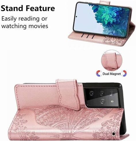 MEUPZZK Wallet Case for Samsung Galaxy S21 Ultra, Embossed Butterfly Flower Premium PU Leather [Folio Flip][Kickstand][Card Slots][Wrist Strap][6.8 inch] Cover for Samsung S21 Ultra (A-Lavender) in Kuwait