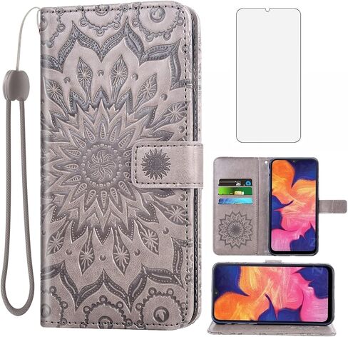 Phone Case for Samsung Galaxy A10e Wallet Cases with Tempered Glass Screen Protector and Leather Magnetic Flip Cover Card Holder Stand Cell Accessories Glaxay A 10e Gaxaly 10ae S102DL Women Men Gray in Saudi Arabia
