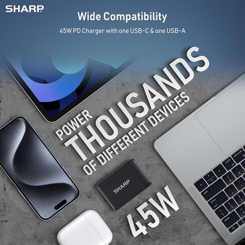 Sharp USB C Charger, 45W, 2 Port (USB A+C) Compact Foldable GaN Fast Charge for iPhone 15/15 Plus/15 Pro/15 Pro Max/14, Galaxy, Pixel 4/3, iPad/iPad Mini – White in Saudi Arabia