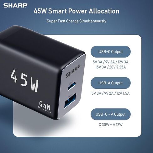 Sharp USB C Charger, 45W, 2 Port (USB A+C) Compact Foldable GaN Fast Charge for iPhone 15/15 Plus/15 Pro/15 Pro Max/14, Galaxy, Pixel 4/3, iPad/iPad Mini – White in Saudi Arabia