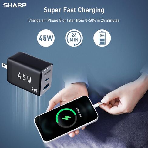 Sharp USB C Charger, 45W, 2 Port (USB A+C) Compact Foldable GaN Fast Charge for iPhone 15/15 Plus/15 Pro/15 Pro Max/14, Galaxy, Pixel 4/3, iPad/iPad Mini – White in Saudi Arabia