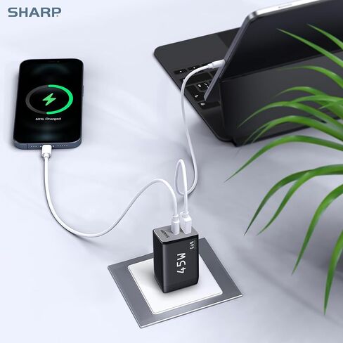 Sharp USB C Charger, 45W, 2 Port (USB A+C) Compact Foldable GaN Fast Charge for iPhone 15/15 Plus/15 Pro/15 Pro Max/14, Galaxy, Pixel 4/3, iPad/iPad Mini – White in Saudi Arabia
