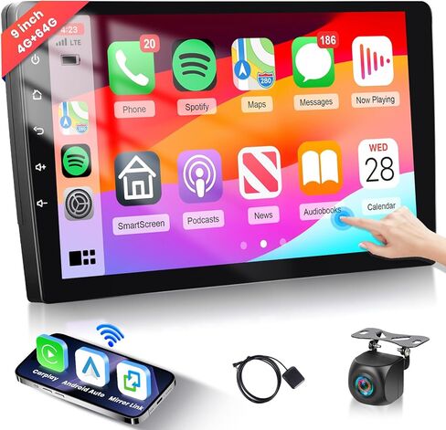 ستيريو سيارة أندرويد 9 بوصة 4G+64G، Carplay Android Auto MirrorLink، Podofo HD IPS 1280 * 720P شاشة لمس 4 كور راديو بلوتوث مع صوت DSP 32 EQ GPS WiFi FM/RDS كاميرا احتياطية in Saudi Arabia
