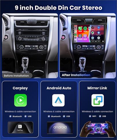 ستيريو سيارة أندرويد 9 بوصة 4G+64G، Carplay Android Auto MirrorLink، Podofo HD IPS 1280 * 720P شاشة لمس 4 كور راديو بلوتوث مع صوت DSP 32 EQ GPS WiFi FM/RDS كاميرا احتياطية in Saudi Arabia