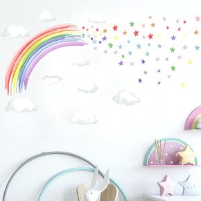 Multi-Color Stars Rainbow Wall Decals - Boho Rainbow Bedroom Wall Stickers - Shooting Star Rainbow Wall Decor - Extra Large Rainbow Wall Decals - Colorful Nursery Wall Stickers，Peel And Stick Rainbow