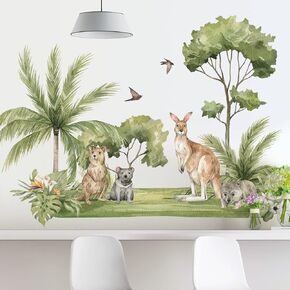 2 Sheets Coconut Tree Wall Stickers Animal Kangaroo Wall Decals Peel and Stick Tropical Forests Green Plant Wall Art Sticker for Kids Babys Girls Bedroom Living Room Nursery Office Home Decoration