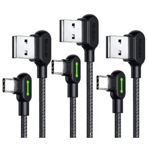 Type C USB 90 Degree Right Angle Elbow Design Game LED Strong Nylon Braided Sync Charge USB Data 6FT/1.8M Cable Compatible Samsung Galaxy Note 9, Note 8, S9 S8 Pixel (3 Pack Black, 4FT/1.2M)
