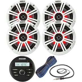 KICKER Weather-Resistant Gauge Style Bluetooth Marine Digital Media Receiver Bundle Combo with (Qty 4) 6.5" 2-Way 195W Max Coaxial Marine LED Speakers w/White Grilles, 16-Gauge Wire, 22" Antenna