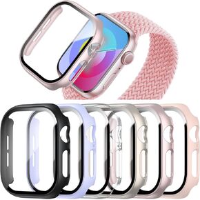 حافظة مكونة من 6 قطع لساعة Apple Watch SE (الثانية) السلسلة 6/SE/5/4 مقاس 44 مم مع واقي شاشة من الزجاج المقوى، غطاء ممتص الصدمات من البولي كربونات عالي الدقة مقاوم للخدش لملحقات ساعة Apple، 44 مم