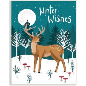 Stupell Industries Winter Wishes Saying Midnight Reindeer Forest Landscape, Designed by Lisa Whitebutton Canvas Wall Art, 30 x 40, Blue