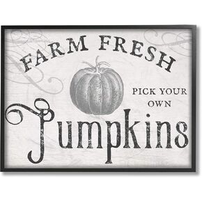 Stupell Industries Vintage Rustic Farm Fresh Pumpkins Sign, Design by Daphne Polselli Black Framed Wall Art, 11 x 14, Off- White