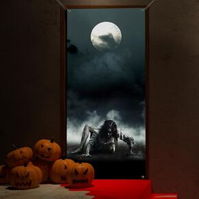 Halloween Door Backdrop Banner Stair Death Creepy Devil Go Crazy Terror Theme Scary Halloween Party Decoration Supplies for Women Men 80x35 Inch