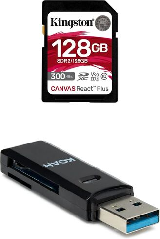 مجموعة بطاقات SD من Kingston Canvas React Plus سعة 128 جيجابايت U3 V90 SDXC UHS-II مع قارئ بطاقة ذاكرة 2 في 1 USB 3.0 (عنصران) in Kuwait