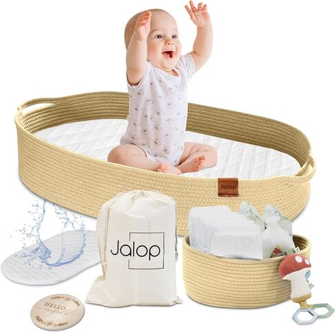 Baby Changing Basket with Diaper Caddy - Moses Baskets for Newborn - Baby Changing Pad for Dresser with Build-in Safety Belt (Neutral Cream) in Saudi Arabia