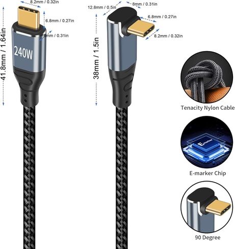 Poyiccot 240W USB C Cable 90 Degree, 10ft Type C to Type C Cable, 90 Degree USB C Cable PD 3.1 240W USB C Charger Cable Up Down Angle with E-Mark Chip for MacBook,Galaxy S20,SSD in Kuwait