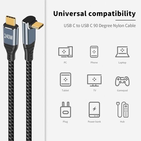 Poyiccot 240W USB C Cable 90 Degree, 10ft Type C to Type C Cable, 90 Degree USB C Cable PD 3.1 240W USB C Charger Cable Up Down Angle with E-Mark Chip for MacBook,Galaxy S20,SSD in Kuwait