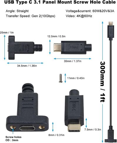 Poyiccot USB C Male to Female Extension Cable 1feet/30cm, Right& Left Angled 90 Degree USB 3.1 Type C Extender Charging & Sync Cable with Panel Mount Screw Hole for Charging & Sync (USB C Right M/F) in Saudi Arabia
