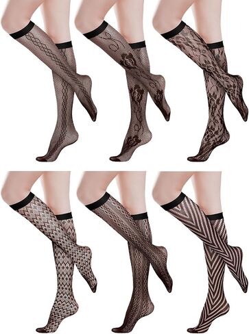 6 Pairs Women's Lace Socks Lace Knee High Socks Black White Fishnet Mesh Lace Hollow out Women Stockings in Saudi Arabia