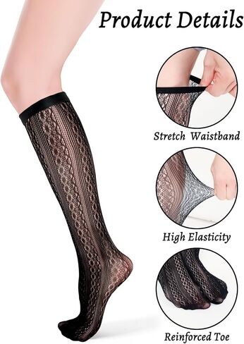 6 Pairs Women's Lace Socks Lace Knee High Socks Black White Fishnet Mesh Lace Hollow out Women Stockings in Saudi Arabia