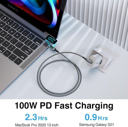 كابل شاحن USB C إلى USB C 100 واط [2 متر] كابل USB C 90 درجة شحن سريع مع شاشة LED كابل شاحن هاتف PD 5A لأجهزة MacBook Pro/MacBook Air/iPad ProHuawei/iPhone 15/Tablet Google in Kuwait
