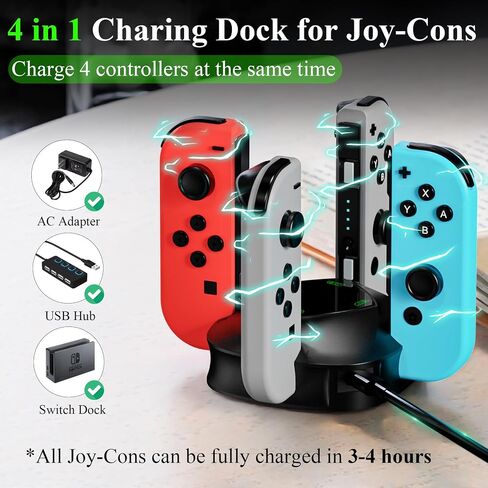 قاعدة شحن وحدة تحكم VR&AR لجهاز Nintendo Switch Joycon، شاحن وحدة تحكم 4 في 1 متوافق مع Joy Con لجهاز Nintendo Switch & Switch OLED، مع مؤشر LED وكابل شحن in Saudi Arabia