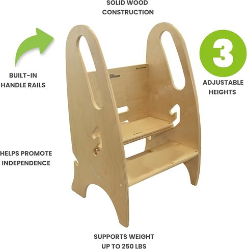 Little Partners 3-in-1 Growing Step Stool Toddler Tower Helper, Wooden Toddler Standing Stool for Bathroom or Kitchen, Anti-Slip Feet, Safety Hand Rails Up to 200 lbs. (Natural) in Saudi Arabia