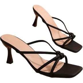 GORGLITTER Women's Knot Detail Strappy Heeled Sandals Open Square Toe Pu Leather Heels