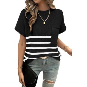 Verdusa Women's Dolman Sleeve Loose Sweaters Striped Round Neck Pullovers with Pocket
