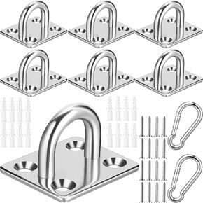 12 Pcs Square Steel Pad Eye Plate Hooks Stainless Steel Ceiling Hooks with 4 Pcs Snap Hooks and 48 Pcs Screws and 48 Plastic Expansion Tube, Hardware Staple Hook Loop for Indoor Outdoor