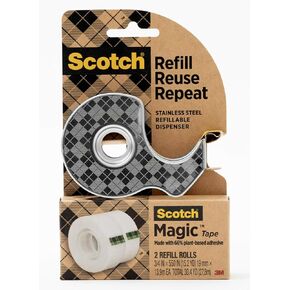 Scotch Stainless Steel Refillable Dispenser and 2 Rolls of Scotch Magic Tape with 66% Plant Based Adhesive, 0.75 in. x 550 in, Invisible Tape, Oﬃce Supplies and School Supplies