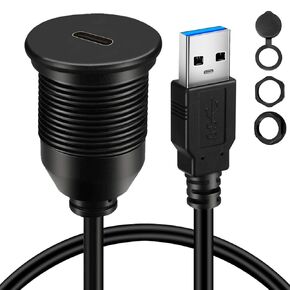 BATIGE Single Port USB 3.0 Male to Type C 3.0 Female Car Flush Mount Cable USB C 3.0 Panel Mount Extension Cable for Car Truck Boat Motorcycle Dashboard 3ft