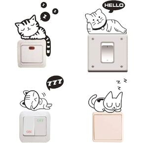 Removable Switch Sticker, 4 Pcs Cute Black Sleeping Cats Cartoon Wall Sticker, Light Switch Decor Decals, Family DIY Decor Art Car Stickers Home Decor Wall Art for Kids Living Room Office Decoration