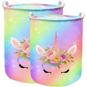 Unicorn Laundry Basket Hamper Large Sized Round Storage Basket Waterproof Bin Collapsible Laundry Basket for Room Organizer, Bedroom Nursery Playroom Clothes(43.3L+62.9L)