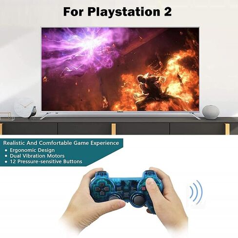 Wireless Controller for PS2,Built-in Dual Vibration 2.4G Gamepad Joystick Compatible for PS2 Controller (Clear Blue) in Saudi Arabia