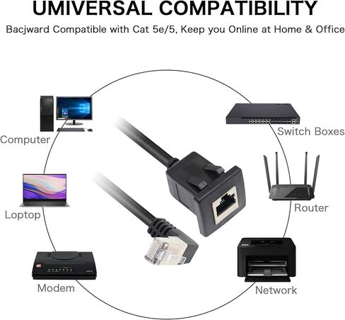 كابل تمديد الشبكة RIIEYOCA RJ45، زاوية 90 درجة ذكر إلى أنثى LAN Ethernet Cat 5e، أسود (2 متر) in Kuwait