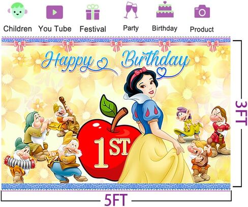 خلفية الأميرة سنو وايت لوازم حفلات عيد الميلاد الأول مقاس 5 × 3 أقدام سنو وايت موضوع راية لتزيين طاولة الكيك، لافتة استحمام الطفل in Kuwait