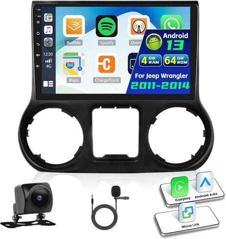 [4+64G] ستيريو سيارة Android 13 ثماني النواة لسيارة Jeep Wrangler 2011-2014 مع Apple Carplay&Android Auto، راديو سيارة 10.1 بوصة مع وصلة مرآة بلوتوث FM/RDS WiFi GPS Navigation SWC Dual USB+AHD كاميرا احتياطية in Saudi Arabia