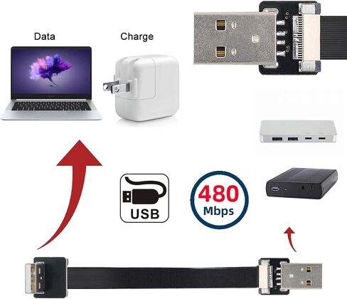 كابل USB 2.0 بزاوية لأعلى من النوع A ذكر إلى النوع A ذكر كابل FPC مسطح نحيف 90 درجة لـ FPV والقرص والماسح الضوئي والطابعة 50 سم in Saudi Arabia