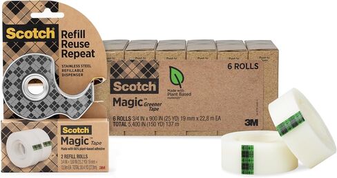Scotch Stainless Steel Refillable Dispenser and 2 Rolls of Scotch Magic Tape with 66% Plant Based Adhesive, 0.75 in. x 550 in, Invisible Tape, Oﬃce Supplies and School Supplies in Saudi Arabia
