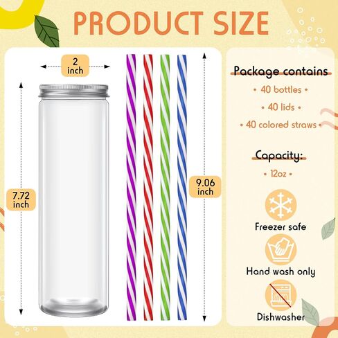 Irenare 20 Pcs Plastic Juice Bottles with Airtight Lids and Straws Clear Mason Jars Drinking Bottle Bulk for Smoothies Juices Shakes Beverage Cups Containers, Bottles and Straws (12 oz) in Saudi Arabia