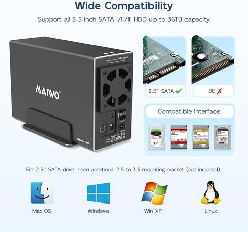 MAIWO Dual Bay HDD RAID Enclosure for 3.5 inch SATA Hard Disk Drive, 5Gbps USB 3.0 to SATA Drive Adapter, Up to 36TB Capacity, 2 Bay Aluminum Storage Case in Kuwait