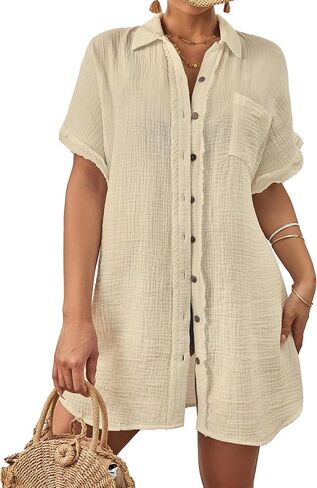 Bsubseach Button Down Beach Shirts for Women Short Sleeve Beach Cover Up Casual Bikini Beachwear in Saudi Arabia