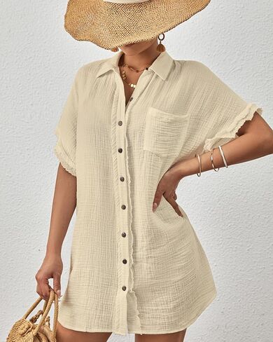 Bsubseach Button Down Beach Shirts for Women Short Sleeve Beach Cover Up Casual Bikini Beachwear in Saudi Arabia