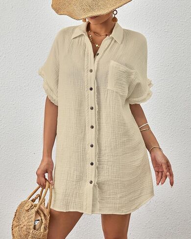 Bsubseach Button Down Beach Shirts for Women Short Sleeve Beach Cover Up Casual Bikini Beachwear in Saudi Arabia