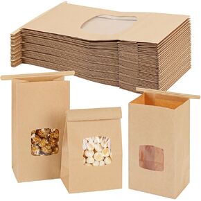 Moretoes 100pcs Bakery Bags with Window, 4.5x2.36x9.6in Kraft Paper Bags, Tin Tie Tab Bags Brown Window Bags Cookie Bags, Coffee Bags