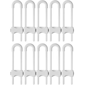 10 Pack Improved Design Sliding U-Shaped Locks for Child Proofing Cupboard and Cabinet Doors and Drawers, Refrigerator Doors, Simple to Attach and Easy for Adults to Use, Durable ABS Plastic (White)