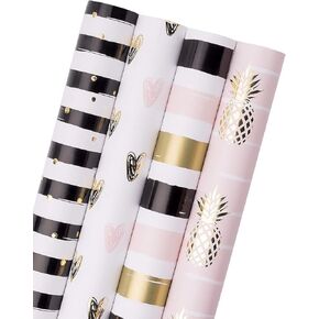 WRAPAHOLIC Wrapping Paper Roll - Black Gold Design for Birthday, Holiday, Baby Shower - 4 Rolls - 30 inch X 120 inch Per Roll