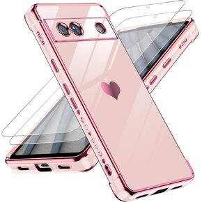 LeYi for Google Pixel 7A Case with Tempered Glass Screen Protector [2 Pcs]+ Full Camera Lens Protection,Love Heart Plating Girly Women Cute Luxury Soft TPU Shockproof Case for Pixel 7A,Sierra Blue