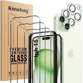 Tempered Glass Compatible with iPhone 15 Screen Protector 6.1'', 3 Pcs Screen Protector + 2 Pcs Camera Lens Protector, [Not for iPhone 15 Pro] 99.99% HD Glass Film - 5 Pcs
